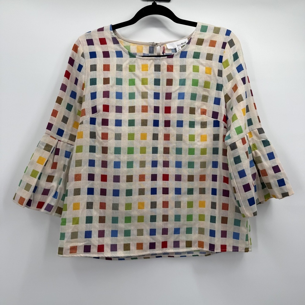 Isla Maude Shirt Womens Medium Multicolor‎ Geometric Bell Sleeve Top Blouse